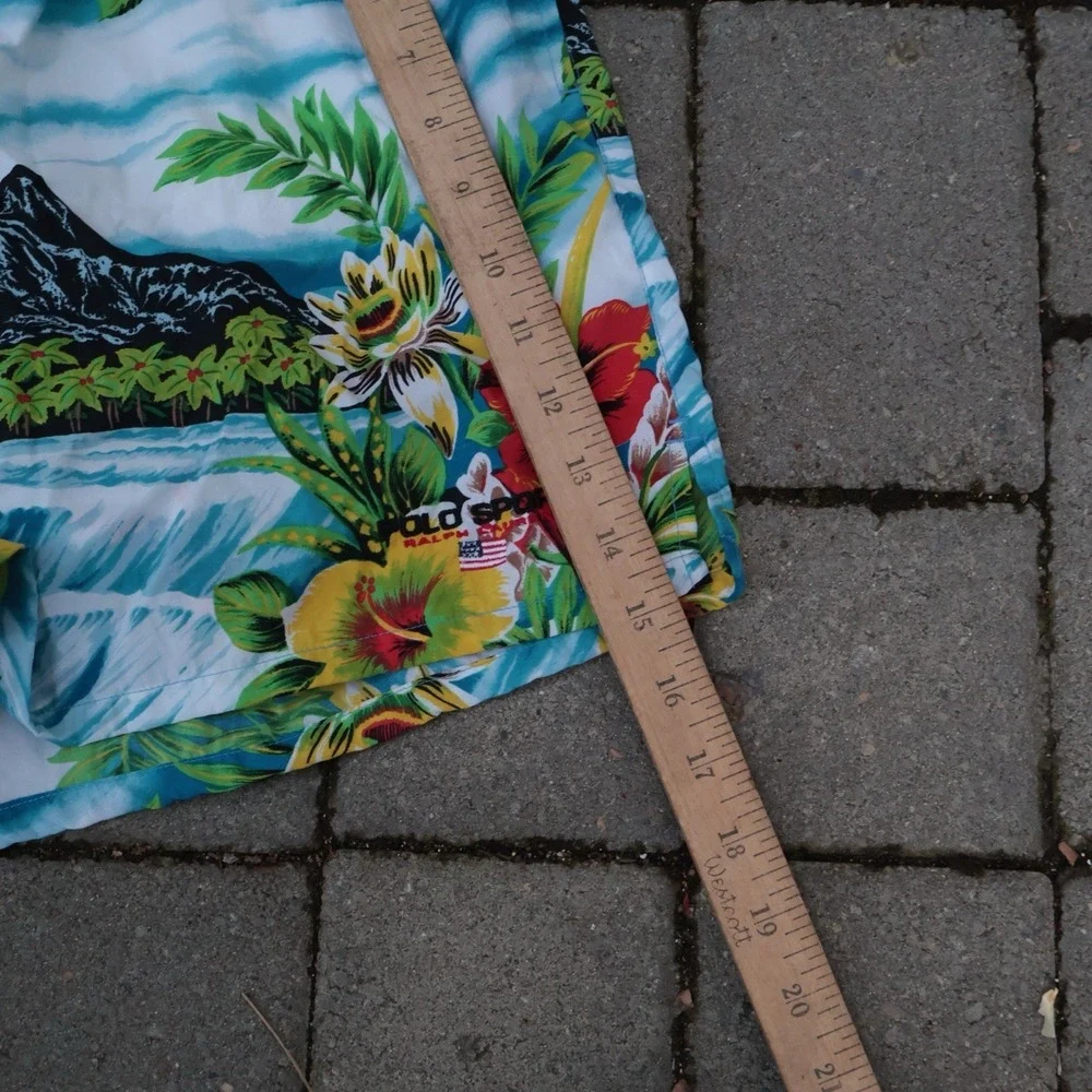 VTG Polo Sport Ralph Lauren Board Shorts Swim Mens Hawaiian All Over Print Sz XL